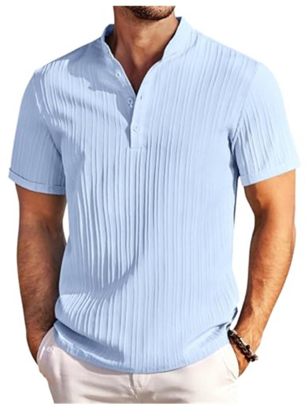 Men Textured Henley Shirt Short Sleeve Summer Beach Casual Button Collar Top